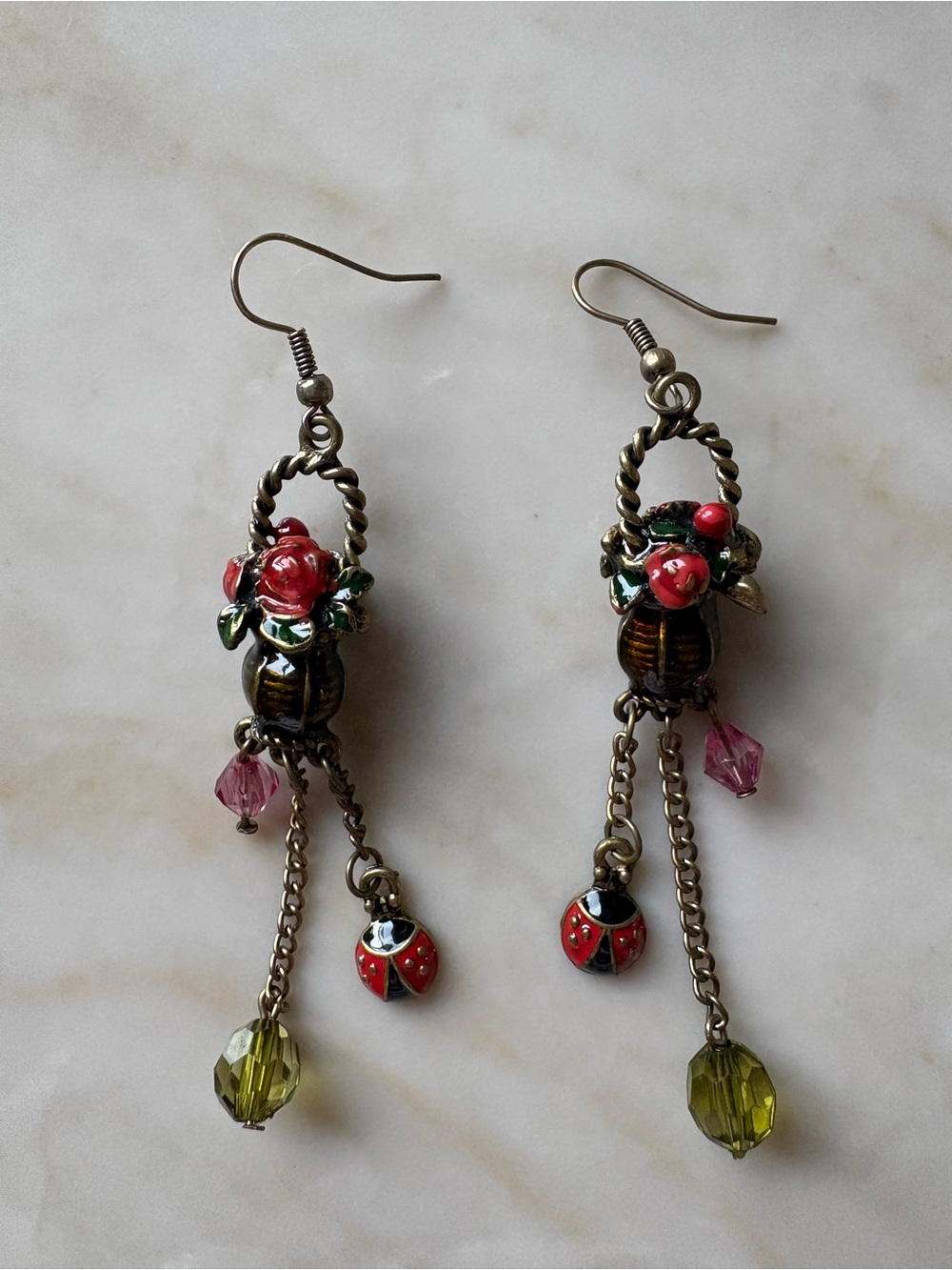 Vintage-Inspired Red Floral Drop Earrings with Ladybug Charms